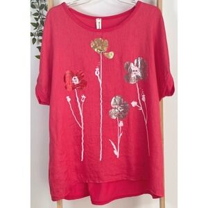 Made in Italy Pink Linen Cotton Floral Foil Beaded Top Bold Lagenlook XL/1X